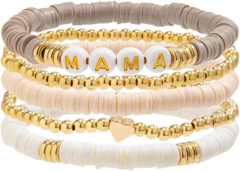 Holiday Heishi Surfer Bracelet Set for Women Girl Teens Mother's Day Beaded Stretch Bracelet Y2k Mama Love Heart Colorful Clay Stackable Charm Bracelets Festive Jewelry Gifts in Kuwait