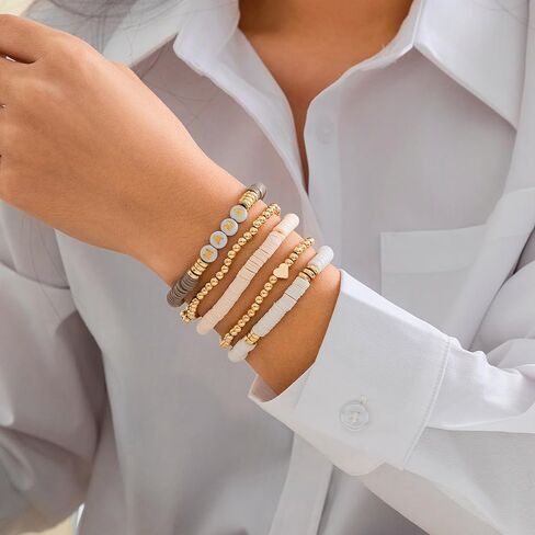 Holiday Heishi Surfer Bracelet Set for Women Girl Teens Mother's Day Beaded Stretch Bracelet Y2k Mama Love Heart Colorful Clay Stackable Charm Bracelets Festive Jewelry Gifts in Kuwait