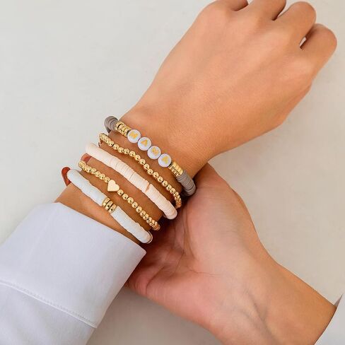 Holiday Heishi Surfer Bracelet Set for Women Girl Teens Mother's Day Beaded Stretch Bracelet Y2k Mama Love Heart Colorful Clay Stackable Charm Bracelets Festive Jewelry Gifts in Kuwait