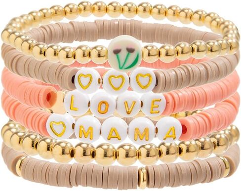 Holiday Heishi Surfer Bracelet Set for Women Girl Teens Mother's Day Beaded Stretch Bracelet Y2k Mama Love Heart Colorful Clay Stackable Charm Bracelets Festive Jewelry Gifts in Kuwait