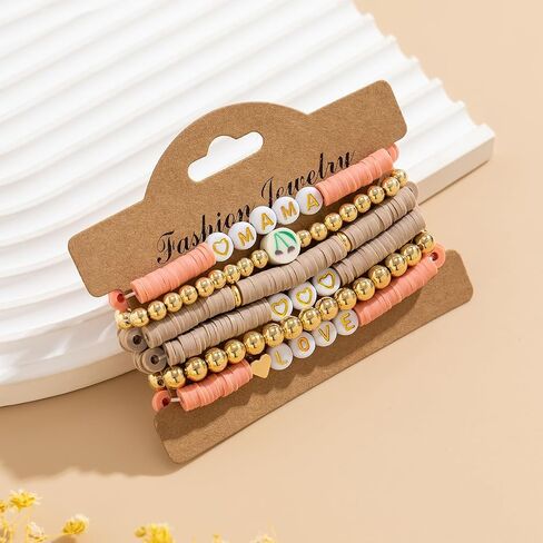 Holiday Heishi Surfer Bracelet Set for Women Girl Teens Mother's Day Beaded Stretch Bracelet Y2k Mama Love Heart Colorful Clay Stackable Charm Bracelets Festive Jewelry Gifts in Kuwait