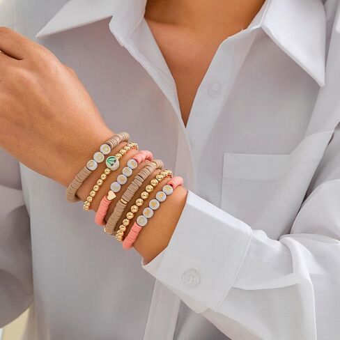 Holiday Heishi Surfer Bracelet Set for Women Girl Teens Mother's Day Beaded Stretch Bracelet Y2k Mama Love Heart Colorful Clay Stackable Charm Bracelets Festive Jewelry Gifts in Kuwait