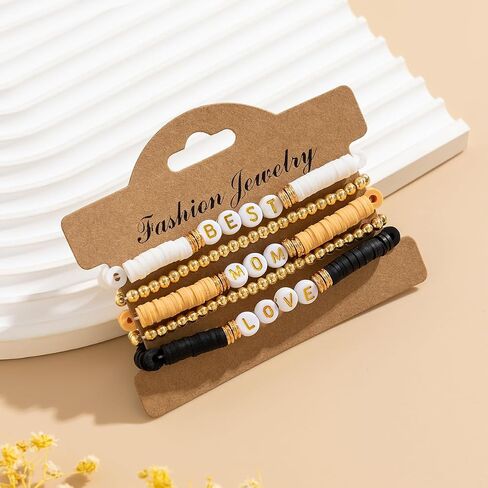 Holiday Heishi Surfer Bracelet Set for Women Girl Teens Mother's Day Beaded Stretch Bracelet Y2k Mama Love Heart Colorful Clay Stackable Charm Bracelets Festive Jewelry Gifts in Kuwait