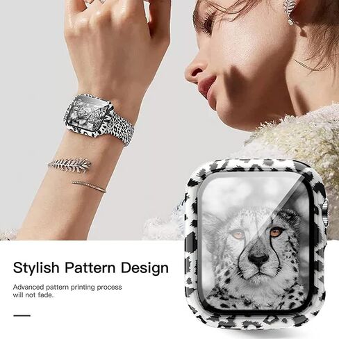 Compatible with Apple Watch Series 9 8 7 45mm 41mm Leopard Hard PC Case Tempered Glass Screen Protector Cover Resistant Impact Resistant Protective Case (45mm, Leopard) in Saudi Arabia