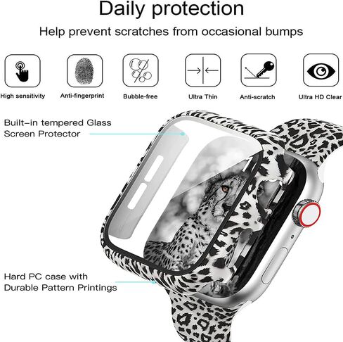Compatible with Apple Watch Series 9 8 7 45mm 41mm Leopard Hard PC Case Tempered Glass Screen Protector Cover Resistant Impact Resistant Protective Case (45mm, Leopard) in Saudi Arabia