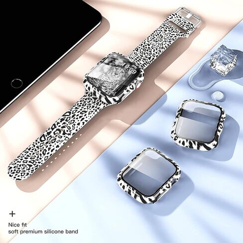 Compatible with Apple Watch Series 9 8 7 45mm 41mm Leopard Hard PC Case Tempered Glass Screen Protector Cover Resistant Impact Resistant Protective Case (45mm, Leopard) in Saudi Arabia