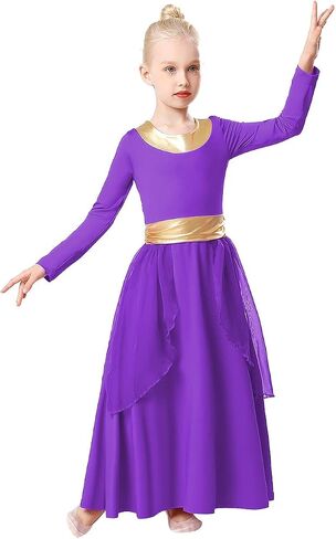 Girls Metallic Gold Praise Dance Dress Robe Long Sleeve Liturgical Worship Costume Chiffon Skirt Lyrical Gown in Saudi Arabia
