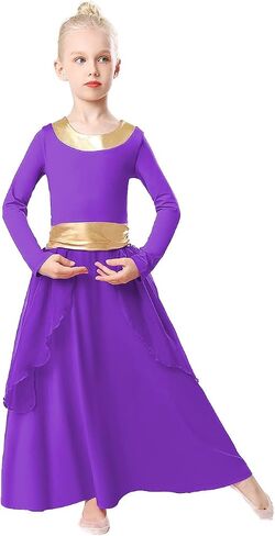 Girls Metallic Gold Praise Dance Dress Robe Long Sleeve Liturgical Worship Costume Chiffon Skirt Lyrical Gown in Saudi Arabia