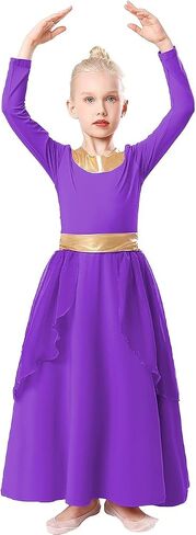 Girls Metallic Gold Praise Dance Dress Robe Long Sleeve Liturgical Worship Costume Chiffon Skirt Lyrical Gown in Saudi Arabia