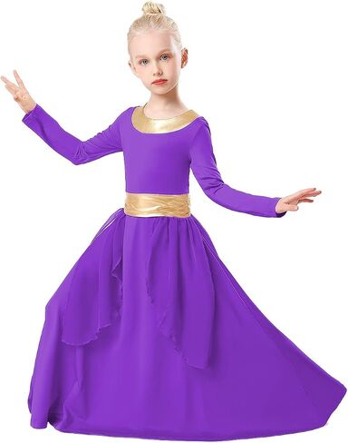 Girls Metallic Gold Praise Dance Dress Robe Long Sleeve Liturgical Worship Costume Chiffon Skirt Lyrical Gown in Saudi Arabia