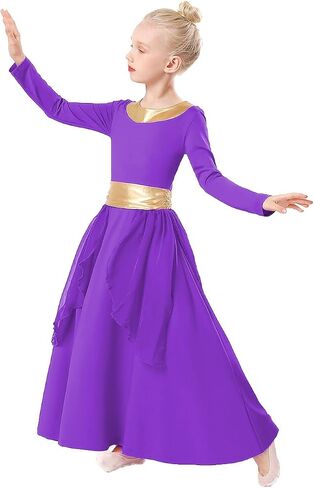 Girls Metallic Gold Praise Dance Dress Robe Long Sleeve Liturgical Worship Costume Chiffon Skirt Lyrical Gown in Saudi Arabia