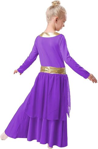 Girls Metallic Gold Praise Dance Dress Robe Long Sleeve Liturgical Worship Costume Chiffon Skirt Lyrical Gown in Saudi Arabia