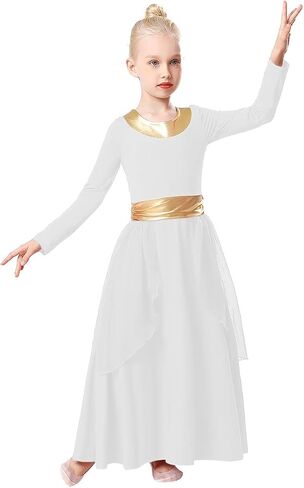 Girls Metallic Gold Praise Dance Dress Robe Long Sleeve Liturgical Worship Costume Chiffon Skirt Lyrical Gown in Saudi Arabia