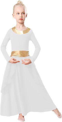 Girls Metallic Gold Praise Dance Dress Robe Long Sleeve Liturgical Worship Costume Chiffon Skirt Lyrical Gown in Saudi Arabia