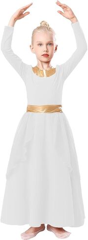 Girls Metallic Gold Praise Dance Dress Robe Long Sleeve Liturgical Worship Costume Chiffon Skirt Lyrical Gown in Saudi Arabia