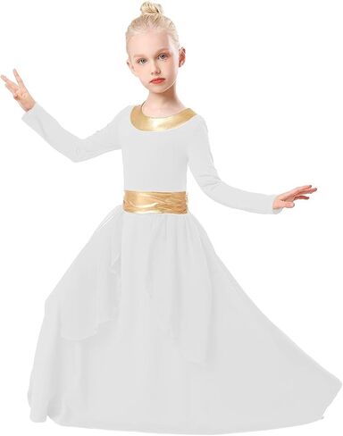 Girls Metallic Gold Praise Dance Dress Robe Long Sleeve Liturgical Worship Costume Chiffon Skirt Lyrical Gown in Saudi Arabia