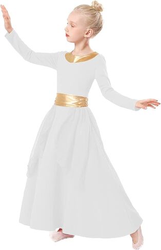 Girls Metallic Gold Praise Dance Dress Robe Long Sleeve Liturgical Worship Costume Chiffon Skirt Lyrical Gown in Saudi Arabia