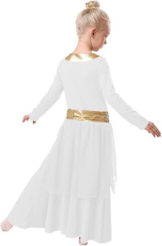 Girls Metallic Gold Praise Dance Dress Robe Long Sleeve Liturgical Worship Costume Chiffon Skirt Lyrical Gown in Saudi Arabia
