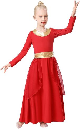 Girls Metallic Gold Praise Dance Dress Robe Long Sleeve Liturgical Worship Costume Chiffon Skirt Lyrical Gown in Saudi Arabia