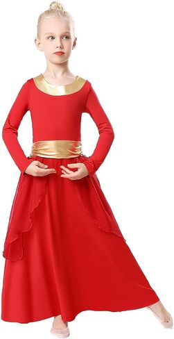 Girls Metallic Gold Praise Dance Dress Robe Long Sleeve Liturgical Worship Costume Chiffon Skirt Lyrical Gown in Saudi Arabia