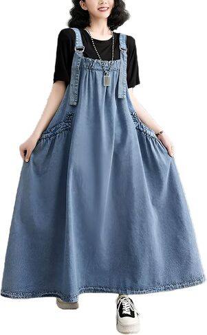 Denim Jumper Dress for Women Loose Version Baggy Style Maxi Length Adjustable Straps Wide Hemline in Kuwait