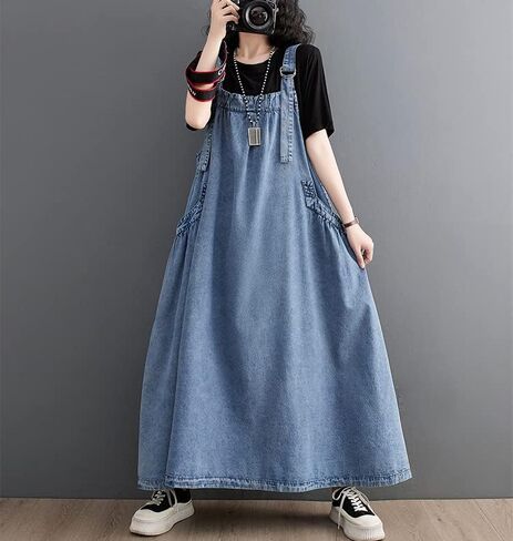 Denim Jumper Dress for Women Loose Version Baggy Style Maxi Length Adjustable Straps Wide Hemline in Kuwait
