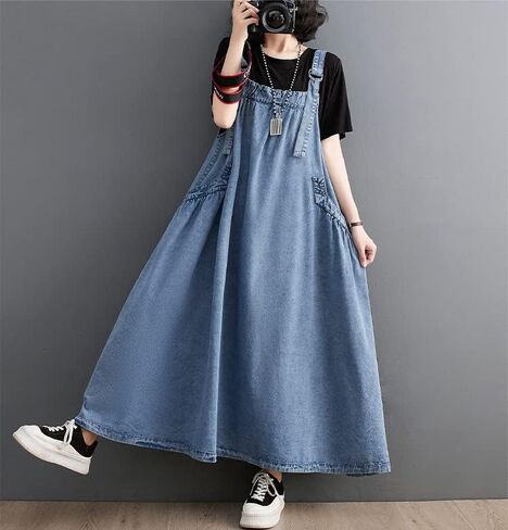 Denim Jumper Dress for Women Loose Version Baggy Style Maxi Length Adjustable Straps Wide Hemline in Kuwait