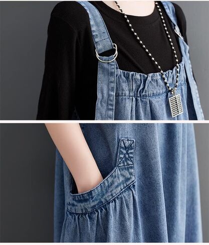 Denim Jumper Dress for Women Loose Version Baggy Style Maxi Length Adjustable Straps Wide Hemline in Kuwait