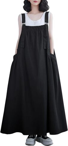 Denim Jumper Dress for Women Loose Version Baggy Style Maxi Length Adjustable Straps Wide Hemline in Kuwait