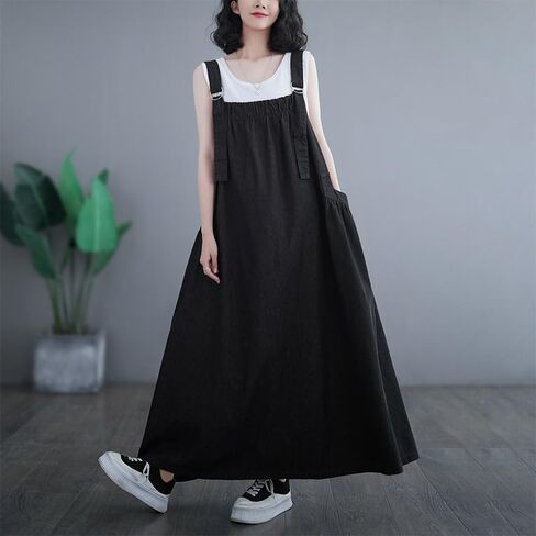 Denim Jumper Dress for Women Loose Version Baggy Style Maxi Length Adjustable Straps Wide Hemline in Kuwait