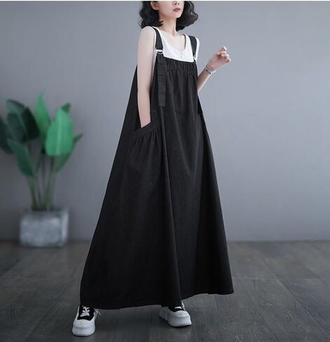 Denim Jumper Dress for Women Loose Version Baggy Style Maxi Length Adjustable Straps Wide Hemline in Kuwait