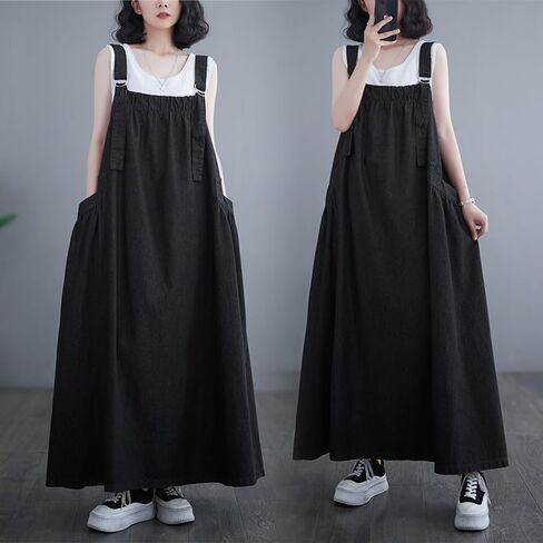 Denim Jumper Dress for Women Loose Version Baggy Style Maxi Length Adjustable Straps Wide Hemline in Kuwait