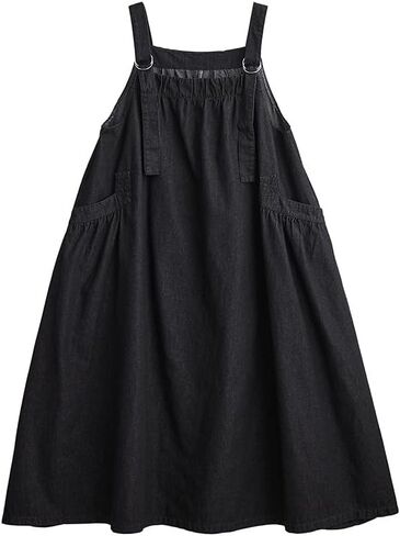 Denim Jumper Dress for Women Loose Version Baggy Style Maxi Length Adjustable Straps Wide Hemline in Kuwait