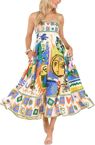 Yuemengxuan Women Boho Beach Flowy Dress Y2k Spaghetti Strap Sleeveless Smocked A-line Swing Maxi Dress Vacation Sundress in Saudi Arabia