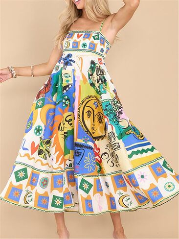 Yuemengxuan Women Boho Beach Flowy Dress Y2k Spaghetti Strap Sleeveless Smocked A-line Swing Maxi Dress Vacation Sundress in Saudi Arabia