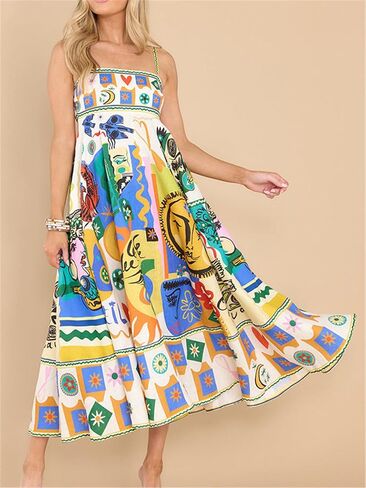 Yuemengxuan Women Boho Beach Flowy Dress Y2k Spaghetti Strap Sleeveless Smocked A-line Swing Maxi Dress Vacation Sundress in Saudi Arabia