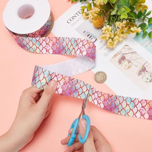 MAYJOYDIY Mermaid Scales Ribbon Fish Scale Grosgrain Ribbon 1.5inch×20 Yards Colorful Fabric Ribbons Polyester Ribbon for Clothes Bags Hats Party Decor Gift Wrapping Invitation Cards Decor in Saudi Arabia