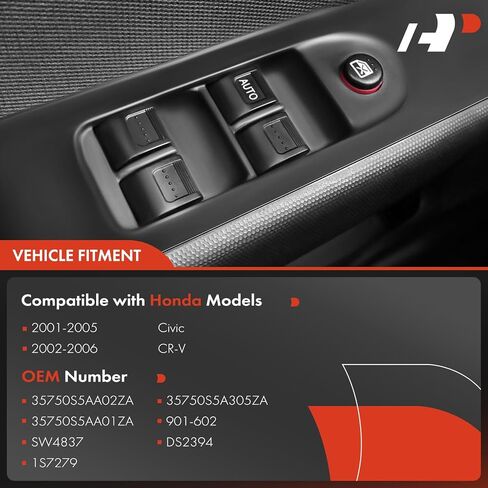 مفتاح نافذة رئيسي لجانب السائق الأمامي A-Premium - متوافق مع Honda Civic 2001-2005 (4 أبواب سيدان)، Honda CR-V CRV 2002-2006 - يستبدل الجزء # 35750-S5A-305ZA، 35750-S9A-305، أمامي اليسار LH in Saudi Arabia