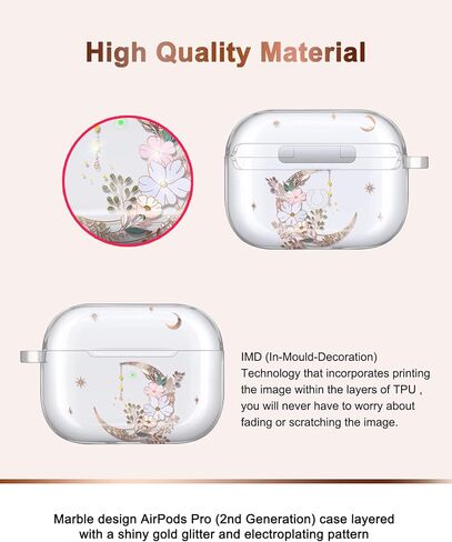غطاء حماية JIAXIUFEN لهاتف Airpods Pro الجيل الثاني بتصميم زهرة لامعة ذهبية اللون واقٍ من مادة TPU للنساء والفتيات مع سلسلة مفاتيح متوافقة مع AirPods Pro 2019/Pro 2 Gen 2022، Gold Moon in Kuwait