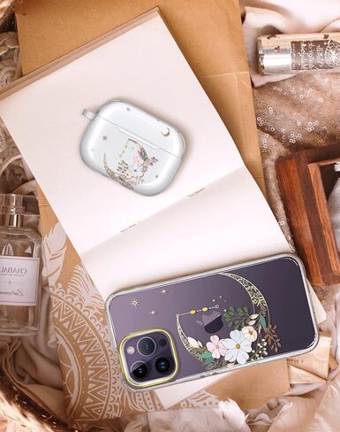 غطاء حماية JIAXIUFEN لهاتف Airpods Pro الجيل الثاني بتصميم زهرة لامعة ذهبية اللون واقٍ من مادة TPU للنساء والفتيات مع سلسلة مفاتيح متوافقة مع AirPods Pro 2019/Pro 2 Gen 2022، Gold Moon in Kuwait