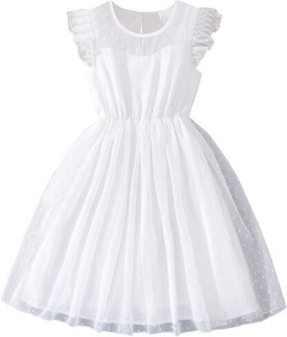 WDIRARA Girl's Ruffle Trim Contrast Mesh Cap Sleeve High Waisted A Line Flare Cute Dress in Saudi Arabia