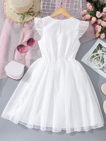 WDIRARA Girl's Ruffle Trim Contrast Mesh Cap Sleeve High Waisted A Line Flare Cute Dress in Saudi Arabia