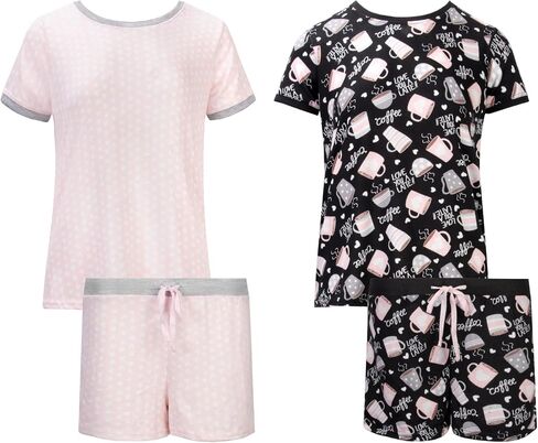 4 Piece: Short Sleeve Top with Shorts Sleep Set - Soft and Cozy Loungewear Pajamas in Saudi Arabia