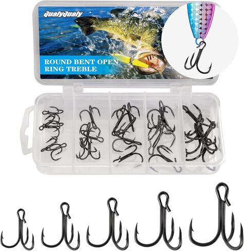 QualyQualy Fishing Hooks Treble Hooks Open Eye Hooks Kit for Saltwater Freshwater, High Carbon Steel Hooks Strong Sharp Fishing Hooks for Catfish Trout Hard Baits Lures Fishing 25Pcs in Saudi Arabia