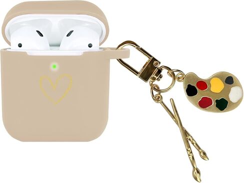 Compatible with AirPods Case Cover, Soft Silicone Case with Gold Heart Pattern for AirPods 2&1 Generation Case with Vintage Starry Mountains Keychain for Girls Women (Black) in Saudi Arabia