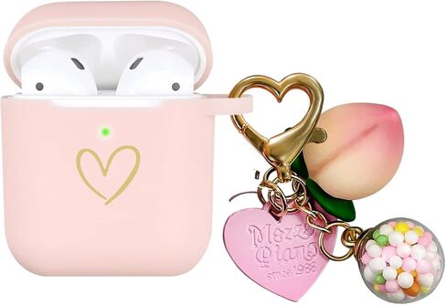 Compatible with AirPods Case Cover, Soft Silicone Case with Gold Heart Pattern for AirPods 2&1 Generation Case with Vintage Starry Mountains Keychain for Girls Women (Black) in Kuwait