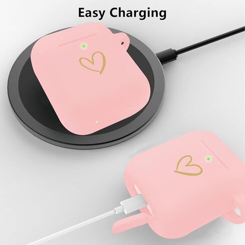 Compatible with AirPods Case Cover, Soft Silicone Case with Gold Heart Pattern for AirPods 2&1 Generation Case with Vintage Starry Mountains Keychain for Girls Women (Black) in Kuwait