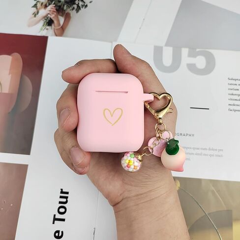 Compatible with AirPods Case Cover, Soft Silicone Case with Gold Heart Pattern for AirPods 2&1 Generation Case with Vintage Starry Mountains Keychain for Girls Women (Black) in Kuwait