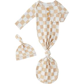 Newborn Baby Girls Knotted Gown Headband/Hat Set Soft Viscose from Bamboo Infant Sleeper Baby Sleep Gown with Mittens