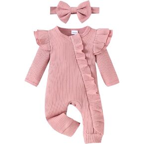 Newborn Clothes Baby Girl Ribbed Romper Headband 2PCS Outfits Set Ruffle Knitted Jumpsuit Infant Solid Bodysuit